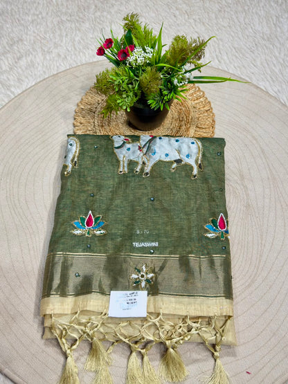 SHAGUN FASHION Premium Tejaswini Organza Saree with Designer Cow (Gau Mata) & Lotus Embroidery Work