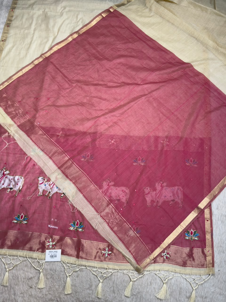SHAGUN FASHION Premium Tejaswini Organza Saree with Designer Cow (Gau Mata) & Lotus Embroidery Work