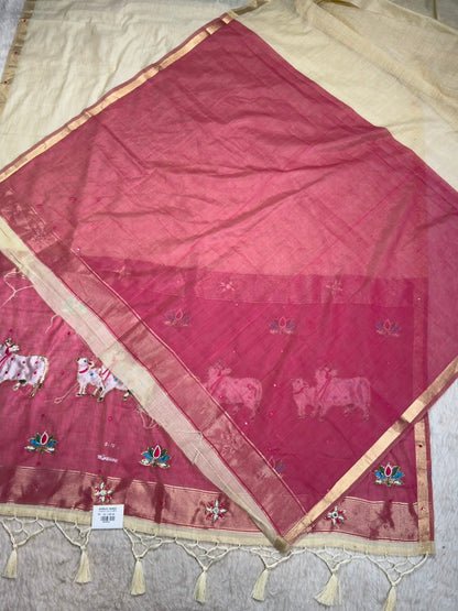 SHAGUN FASHION Premium Tejaswini Organza Saree with Designer Cow (Gau Mata) & Lotus Embroidery Work
