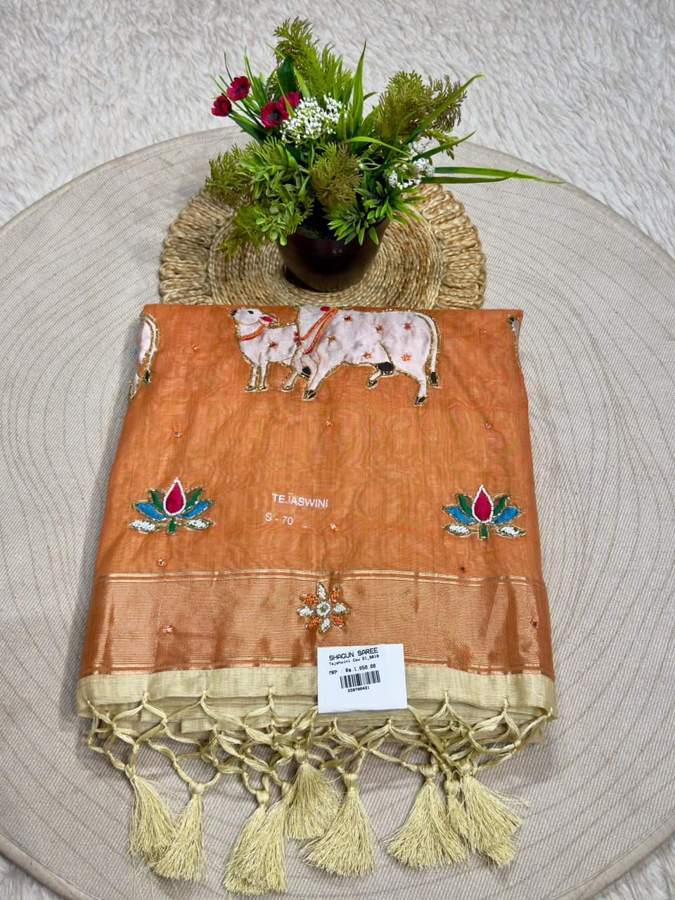 SHAGUN FASHION Premium Tejaswini Organza Saree with Designer Cow (Gau Mata) & Lotus Embroidery Work