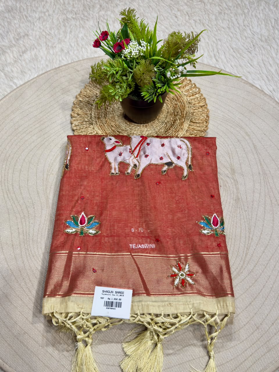 SHAGUN FASHION Premium Tejaswini Organza Saree with Designer Cow (Gau Mata) & Lotus Embroidery Work