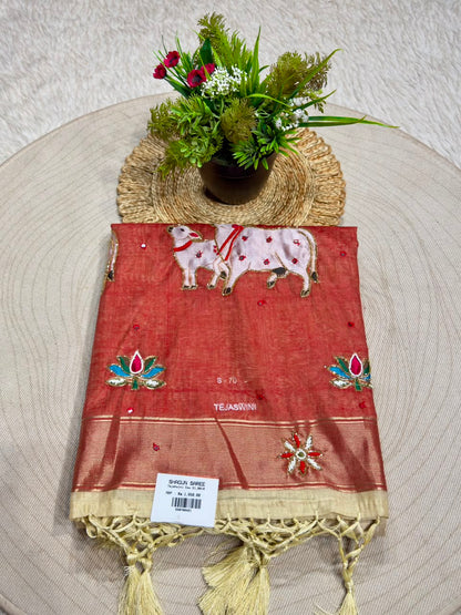SHAGUN FASHION Premium Tejaswini Organza Saree with Designer Cow (Gau Mata) & Lotus Embroidery Work