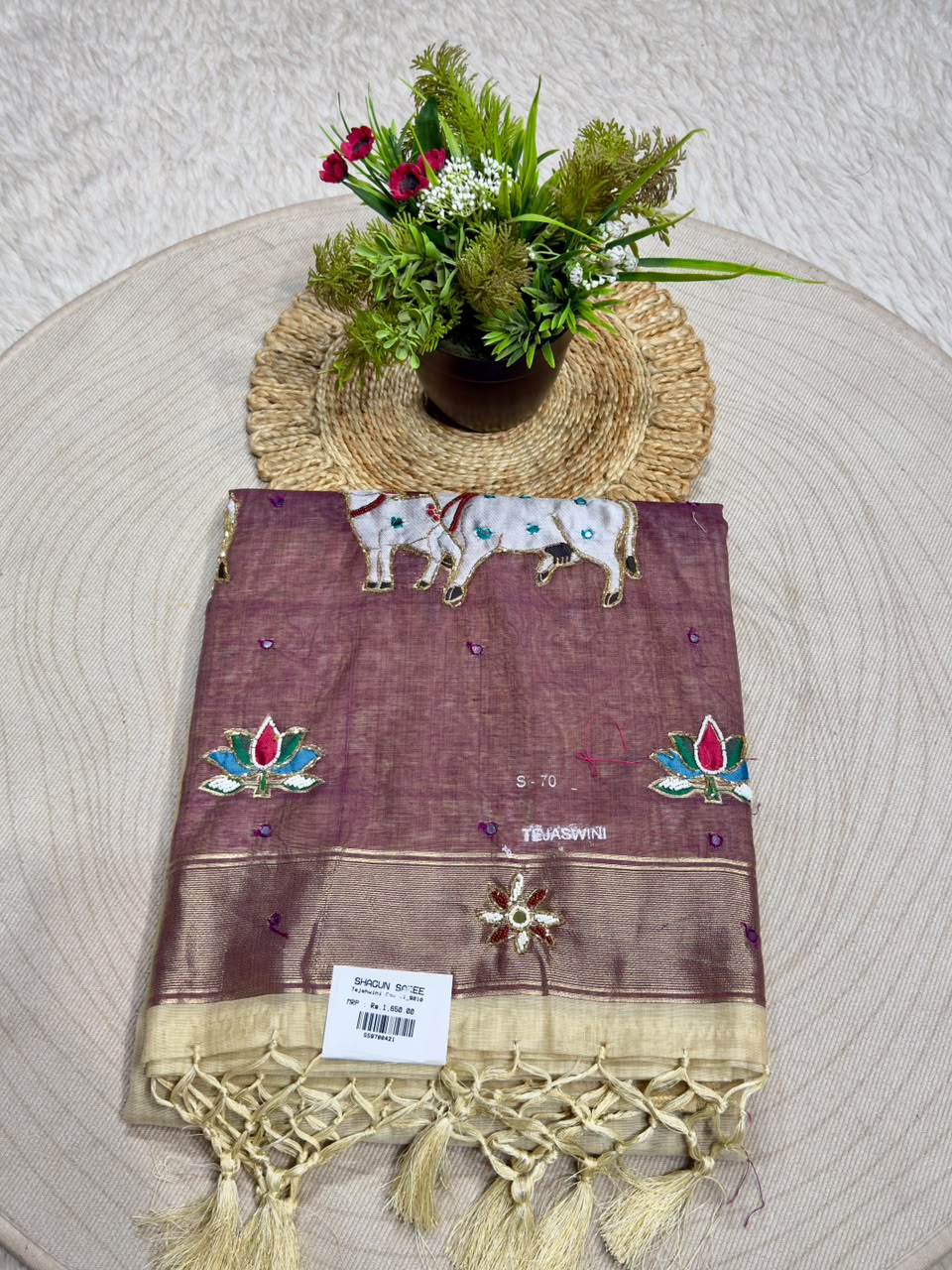 SHAGUN FASHION Premium Tejaswini Organza Saree with Designer Cow (Gau Mata) & Lotus Embroidery Work
