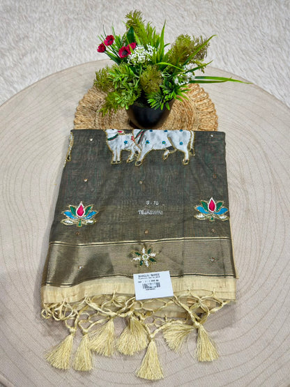 SHAGUN FASHION Premium Tejaswini Organza Saree with Designer Cow (Gau Mata) & Lotus Embroidery Work