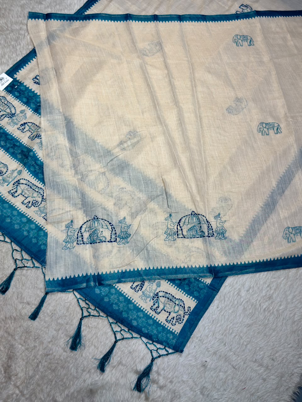 SHAGUN FASHION Exclusive Royal Elephant Kantha Work Linen Silk Saree with Tassels