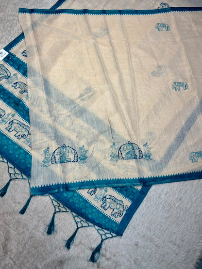 SHAGUN FASHION Exclusive Royal Elephant Kantha Work Linen Silk Saree with Tassels