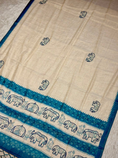 SHAGUN FASHION Exclusive Royal Elephant Kantha Work Linen Silk Saree with Tassels