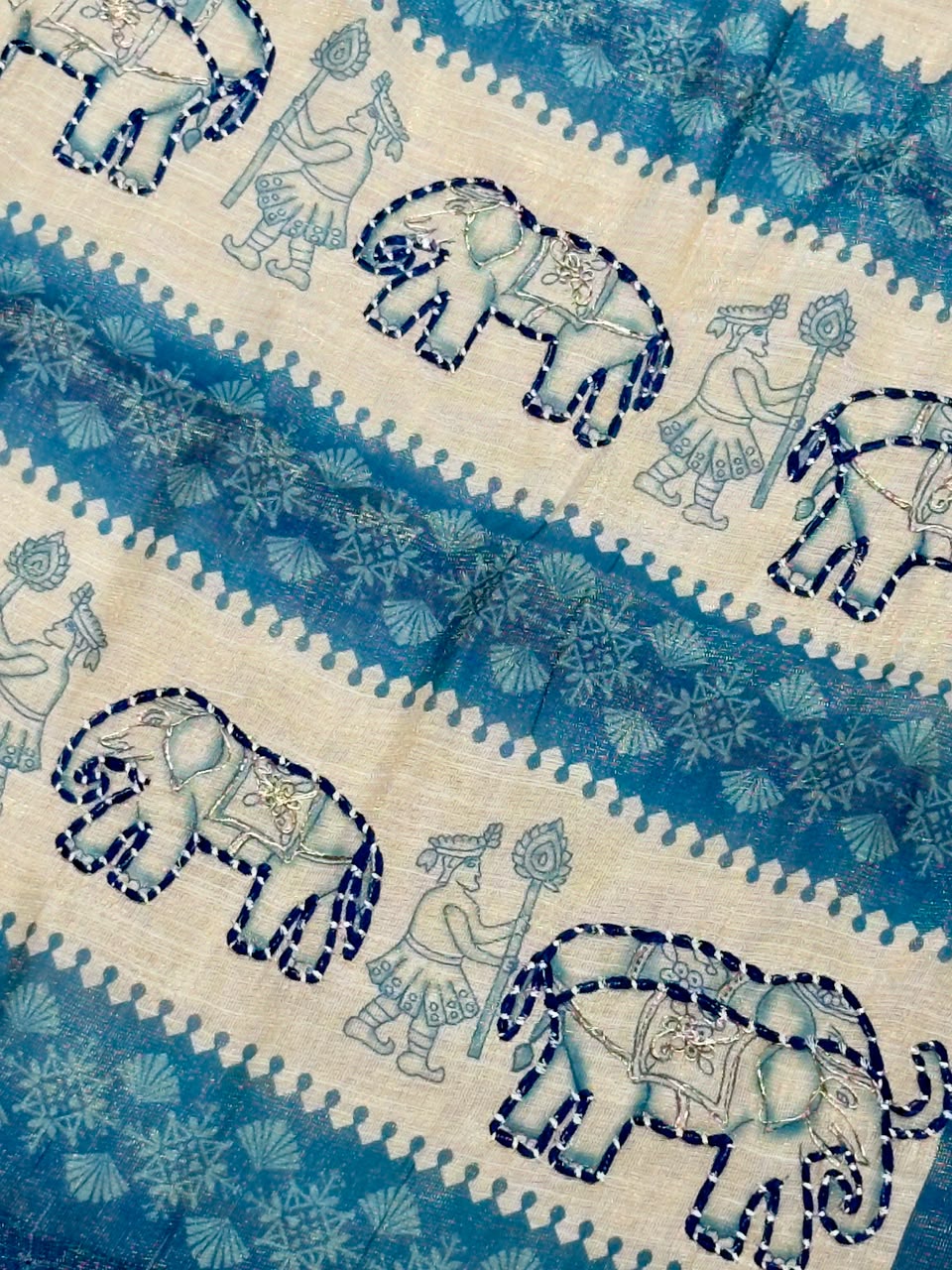 SHAGUN FASHION Exclusive Royal Elephant Kantha Work Linen Silk Saree with Tassels