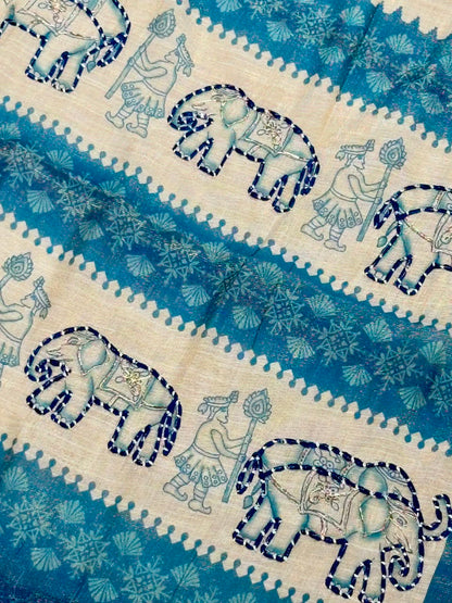 SHAGUN FASHION Exclusive Royal Elephant Kantha Work Linen Silk Saree with Tassels