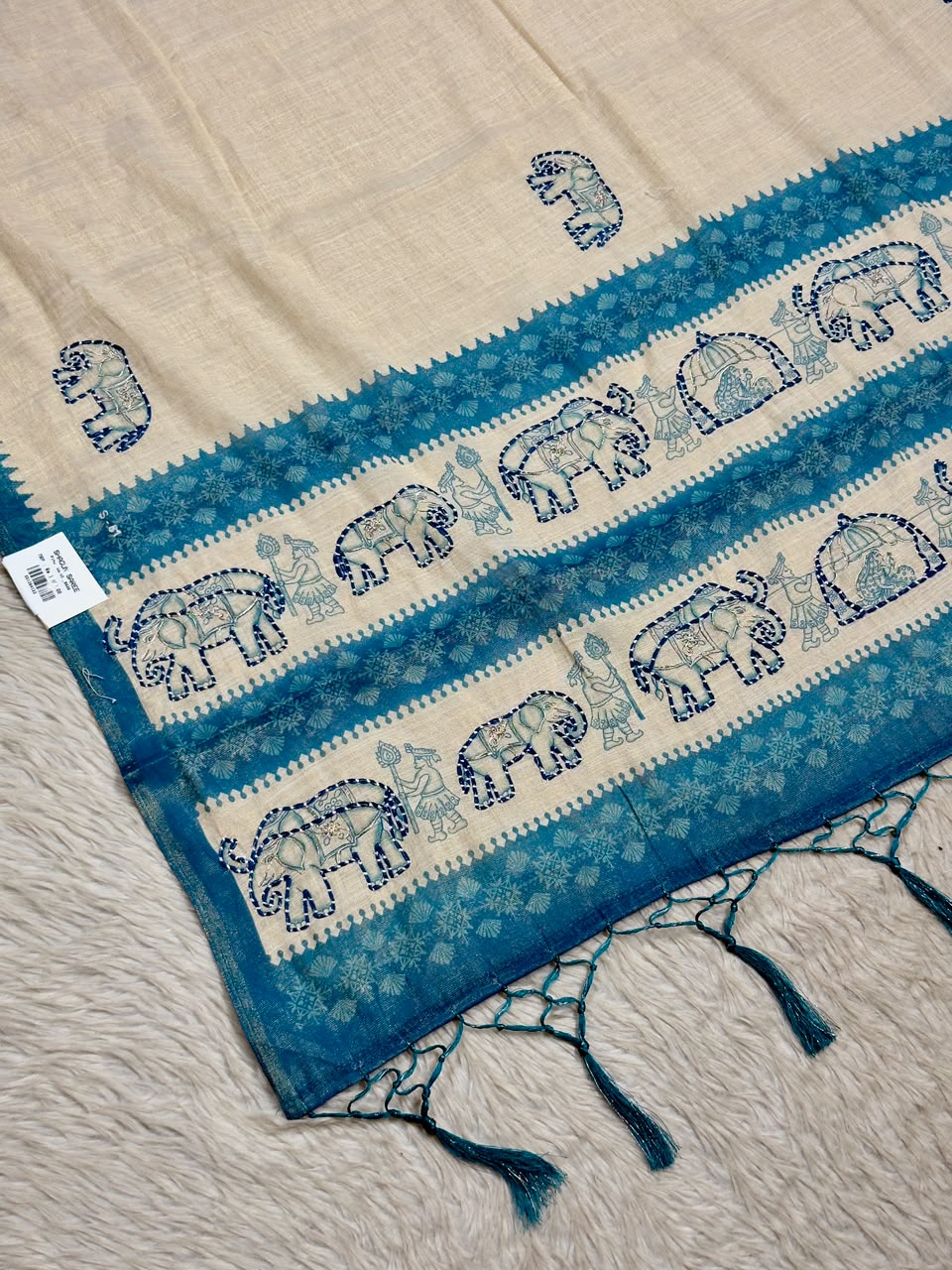 SHAGUN FASHION Exclusive Royal Elephant Kantha Work Linen Silk Saree with Tassels