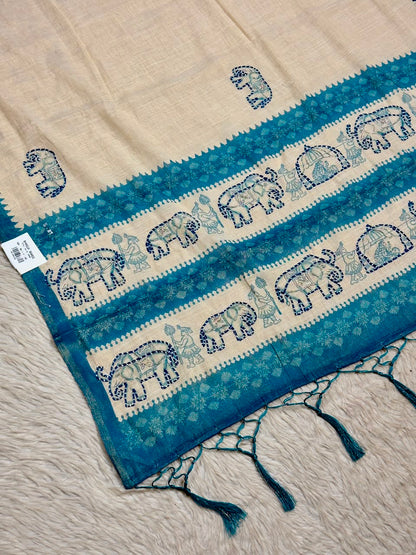 SHAGUN FASHION Exclusive Royal Elephant Kantha Work Linen Silk Saree with Tassels