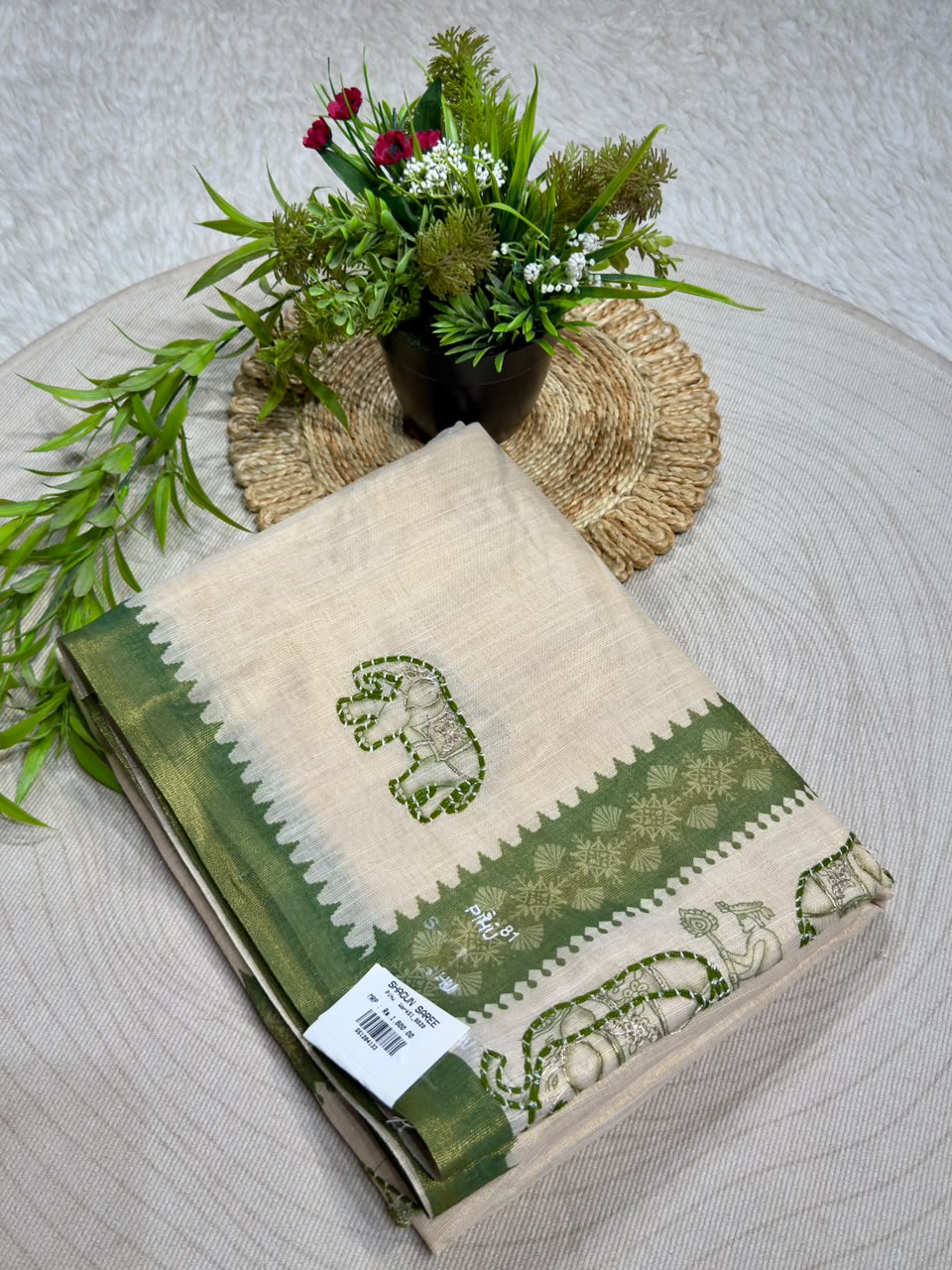 SHAGUN FASHION Exclusive Royal Elephant Kantha Work Linen Silk Saree with Tassels