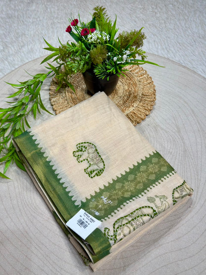 SHAGUN FASHION Exclusive Royal Elephant Kantha Work Linen Silk Saree with Tassels