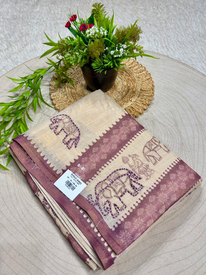 SHAGUN FASHION Exclusive Royal Elephant Kantha Work Linen Silk Saree with Tassels