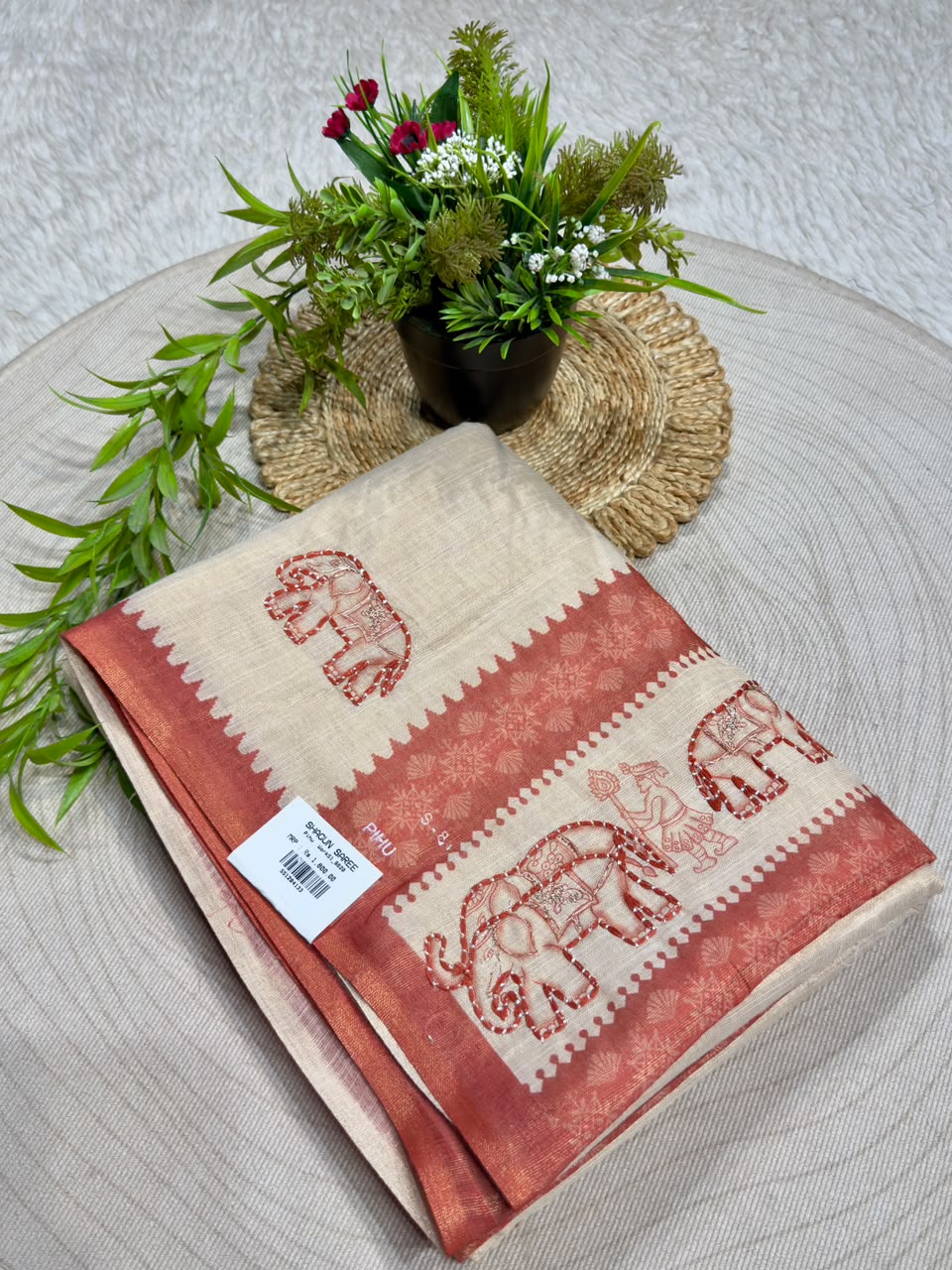 SHAGUN FASHION Exclusive Royal Elephant Kantha Work Linen Silk Saree with Tassels
