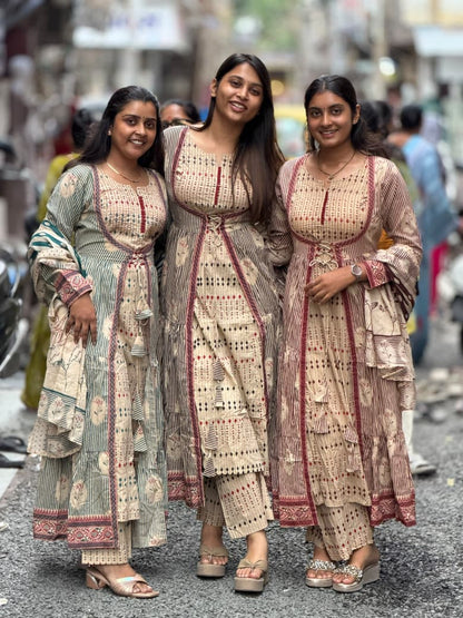 Premium Cotton Printed 3-Piece Kurti Set with Jacket Style Front Dori Tie-Up | SHAGUN FASHION