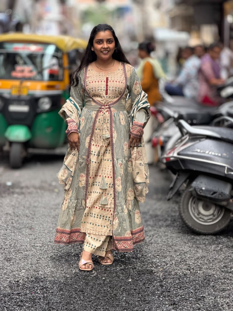 Premium Cotton Printed 3-Piece Kurti Set with Jacket Style Front Dori Tie-Up | SHAGUN FASHION