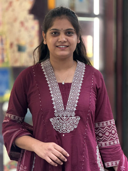 Premium Cotton Heavy Embroidery Work Kurti Pant Dupatta Set | SHAGUN FASHION