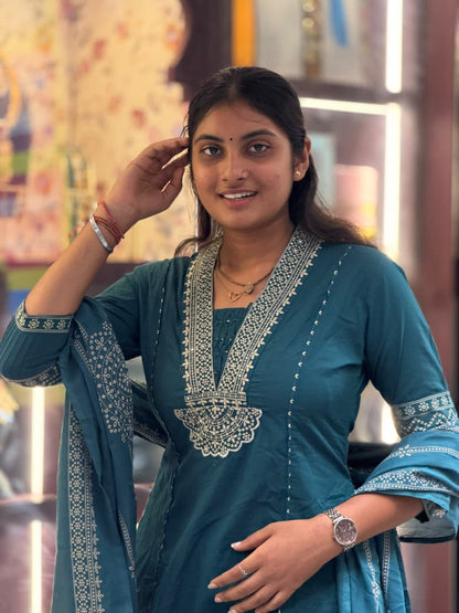 Premium Cotton Heavy Embroidery Work Kurti Pant Dupatta Set | SHAGUN FASHION