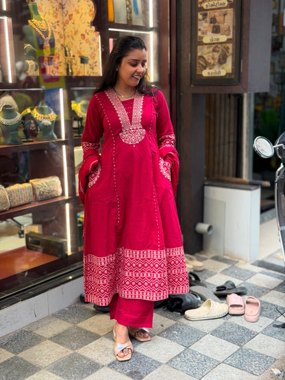 Premium Cotton Heavy Embroidery Work Kurti Pant Dupatta Set | SHAGUN FASHION