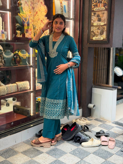 Premium Cotton Heavy Embroidery Work Kurti Pant Dupatta Set | SHAGUN FASHION