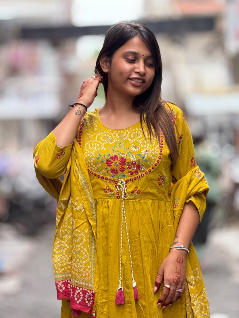 Designer Bandhani Print Anarkali Kurti Set with Dupatta – SHAGUN FASHION