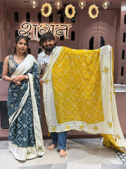 SHAGUN FASHION Premium Bandhani Printed Saree with Designer Embroidered Blouse & Contrast Dupatta Collection