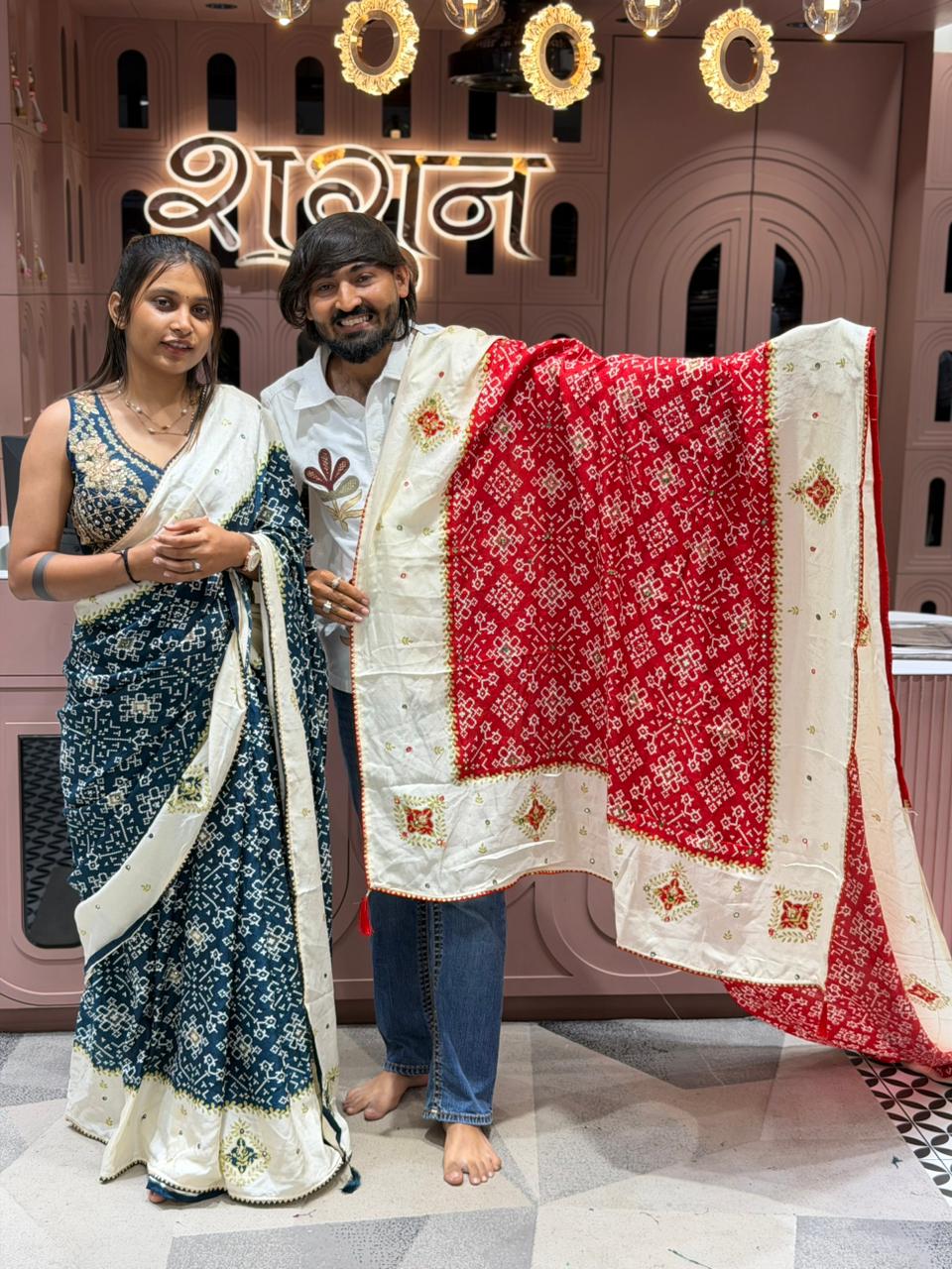 SHAGUN FASHION Premium Bandhani Printed Saree with Designer Embroidered Blouse & Contrast Dupatta Collection