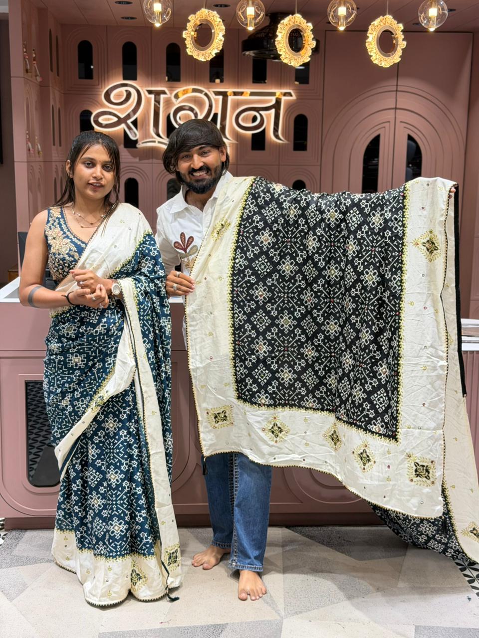 SHAGUN FASHION Premium Bandhani Printed Saree with Designer Embroidered Blouse & Contrast Dupatta Collection