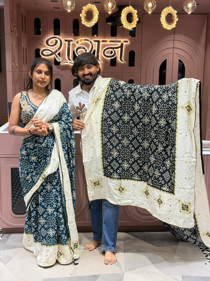SHAGUN FASHION Premium Bandhani Printed Saree with Designer Embroidered Blouse & Contrast Dupatta Collection