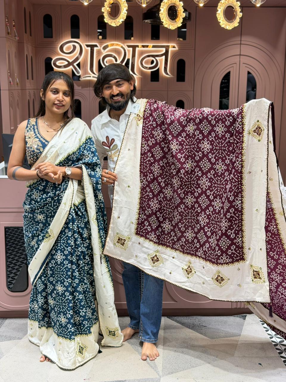 SHAGUN FASHION Premium Bandhani Printed Saree with Designer Embroidered Blouse & Contrast Dupatta Collection