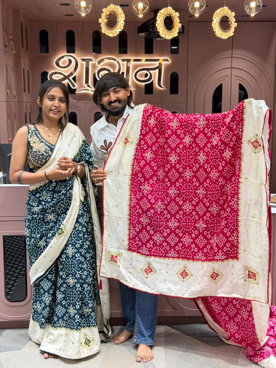 SHAGUN FASHION Premium Bandhani Printed Saree with Designer Embroidered Blouse & Contrast Dupatta Collection