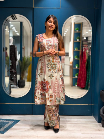 SHAGUN FASHION Premium Printed Cotton Kurti & Pant Set with Mirror Work