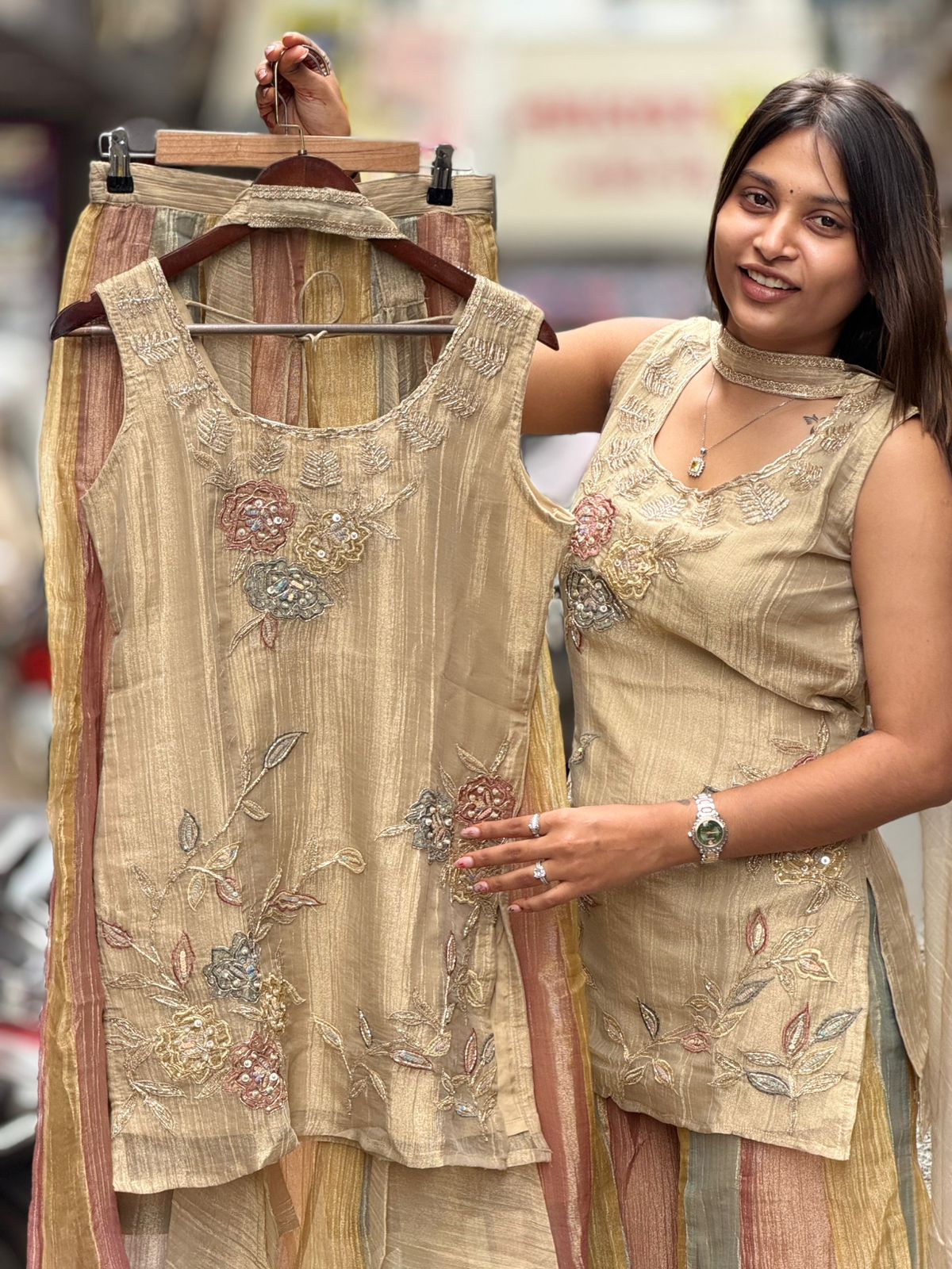 SHAGUN FASHION Premium Beige & Gold Hand Embroidery Sleeveless Kurti with Multi-Color Sharara & Dupatta Set