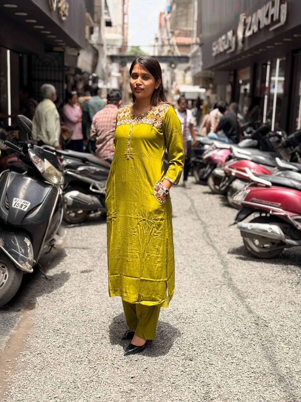SHAGUN FASHION Premium Designer Neck Embroidery & Kutchi Mirror Work Rayon Cotton Kurti Pant Set with Side Pockets – Exclusive on zankhi.in