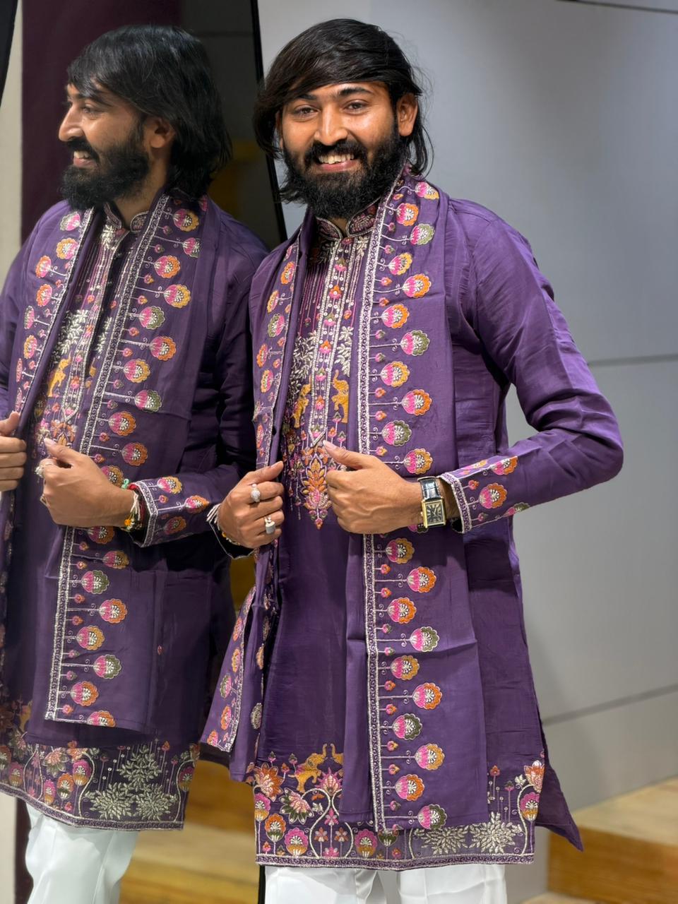 SHAGUN FASHION Premium Designer Hand-Embroidered Silk Kurta Set with Dupatta & Mirror Work