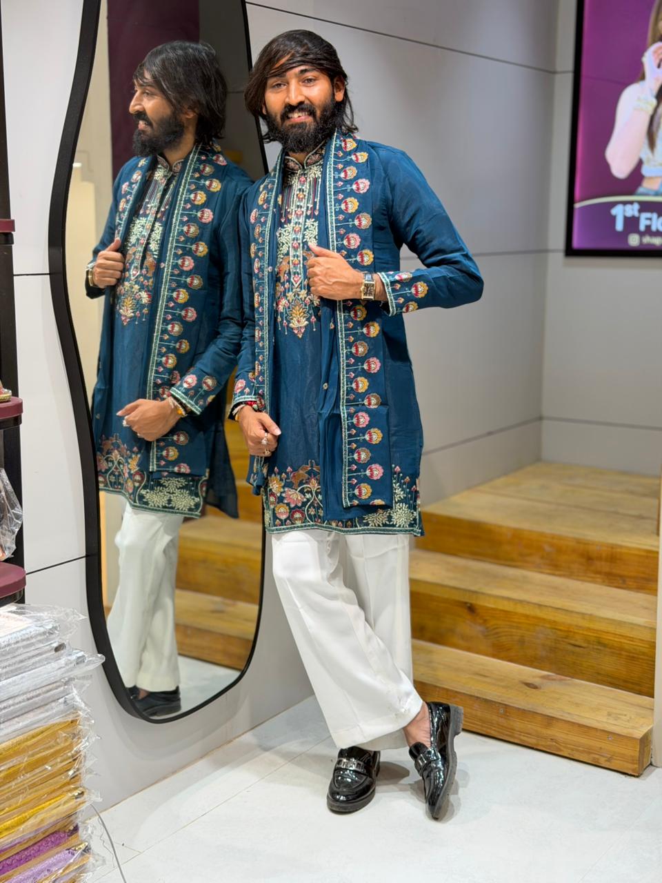 SHAGUN FASHION Premium Designer Hand-Embroidered Silk Kurta Set with Dupatta & Mirror Work