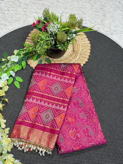 SHAGUN FASHION Exclusive Banglori Soft Silk Ikat Patola Saree with Rich Zari Weaving Pallu & Pearl Tassel Finish