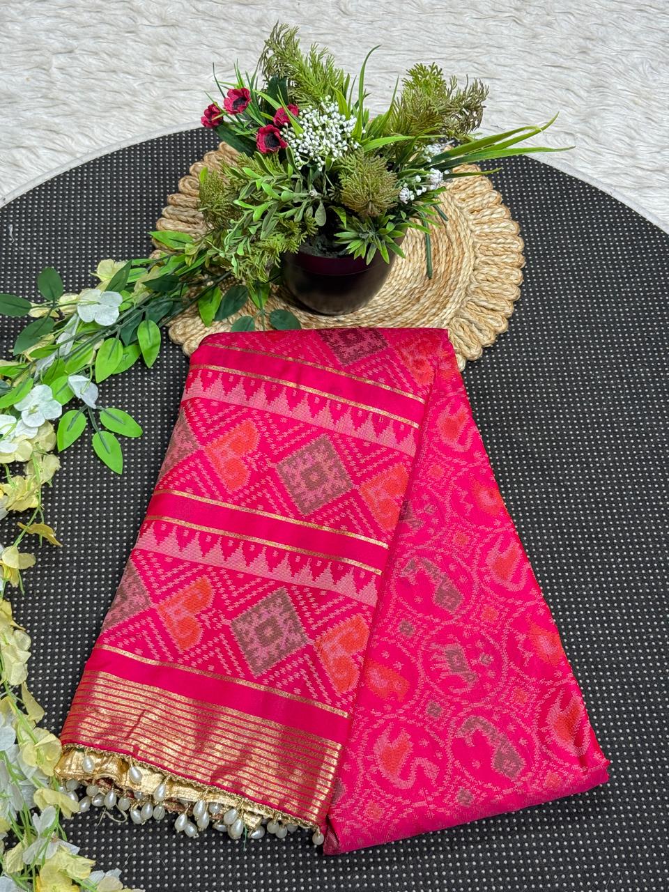 SHAGUN FASHION Exclusive Banglori Soft Silk Ikat Patola Saree with Rich Zari Weaving Pallu & Pearl Tassel Finish