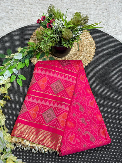 SHAGUN FASHION Exclusive Banglori Soft Silk Ikat Patola Saree with Rich Zari Weaving Pallu & Pearl Tassel Finish