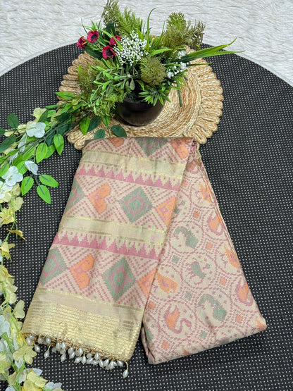 SHAGUN FASHION Exclusive Banglori Soft Silk Ikat Patola Saree with Rich Zari Weaving Pallu & Pearl Tassel Finish