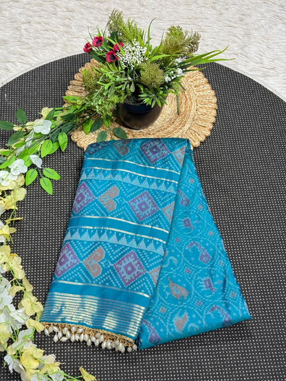 SHAGUN FASHION Exclusive Banglori Soft Silk Ikat Patola Saree with Rich Zari Weaving Pallu & Pearl Tassel Finish