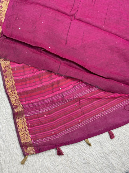 SHAGUN FASHION Premium Lotus Floral Aari Handwork Soft Linen Silk Saree with Rich Golden Zari Border — Exclusive on zankhi.in