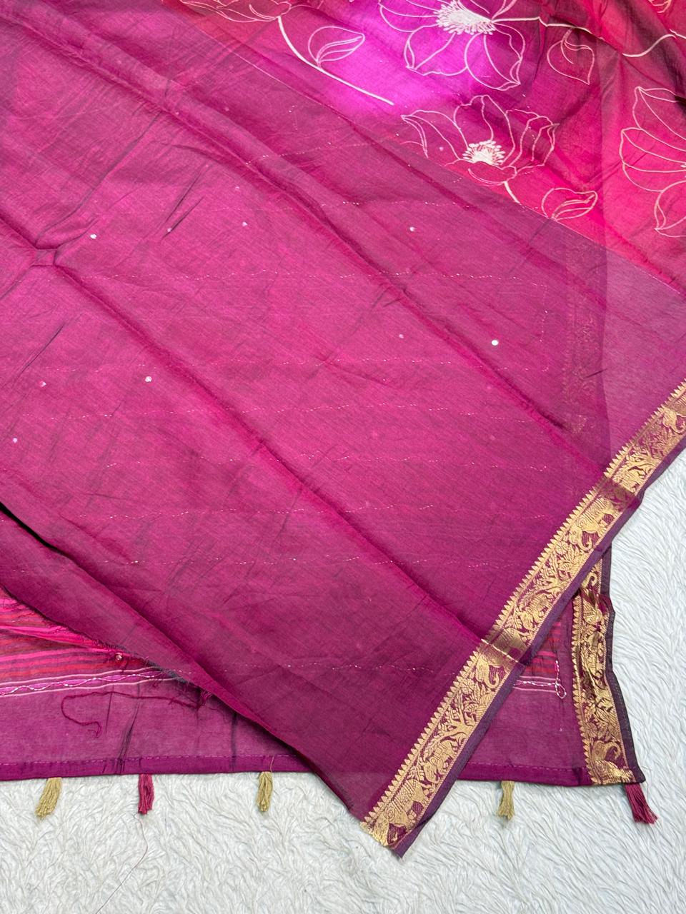 SHAGUN FASHION Premium Lotus Floral Aari Handwork Soft Linen Silk Saree with Rich Golden Zari Border — Exclusive on zankhi.in
