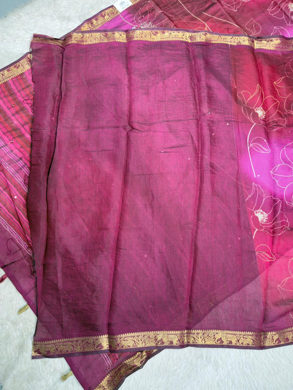SHAGUN FASHION Premium Lotus Floral Aari Handwork Soft Linen Silk Saree with Rich Golden Zari Border — Exclusive on zankhi.in