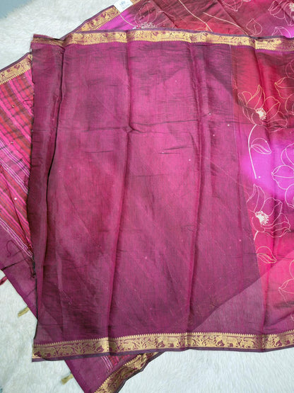 SHAGUN FASHION Premium Lotus Floral Aari Handwork Soft Linen Silk Saree with Rich Golden Zari Border — Exclusive on zankhi.in