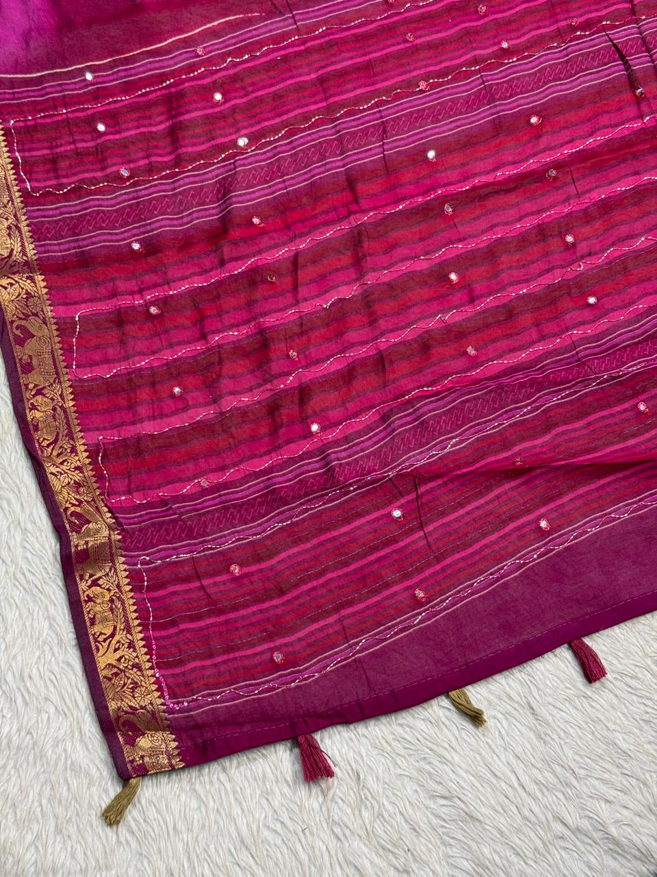 SHAGUN FASHION Premium Lotus Floral Aari Handwork Soft Linen Silk Saree with Rich Golden Zari Border — Exclusive on zankhi.in