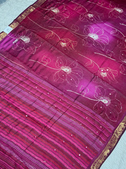 SHAGUN FASHION Premium Lotus Floral Aari Handwork Soft Linen Silk Saree with Rich Golden Zari Border — Exclusive on zankhi.in