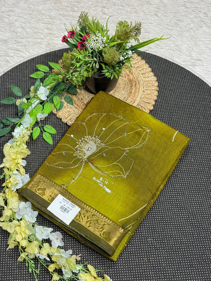 SHAGUN FASHION Premium Lotus Floral Aari Handwork Soft Linen Silk Saree with Rich Golden Zari Border — Exclusive on zankhi.in