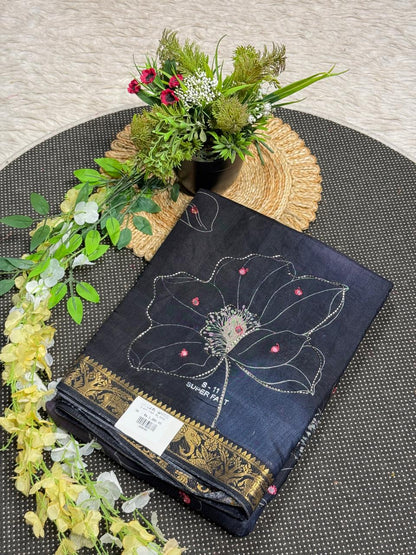 SHAGUN FASHION Premium Lotus Floral Aari Handwork Soft Linen Silk Saree with Rich Golden Zari Border — Exclusive on zankhi.in